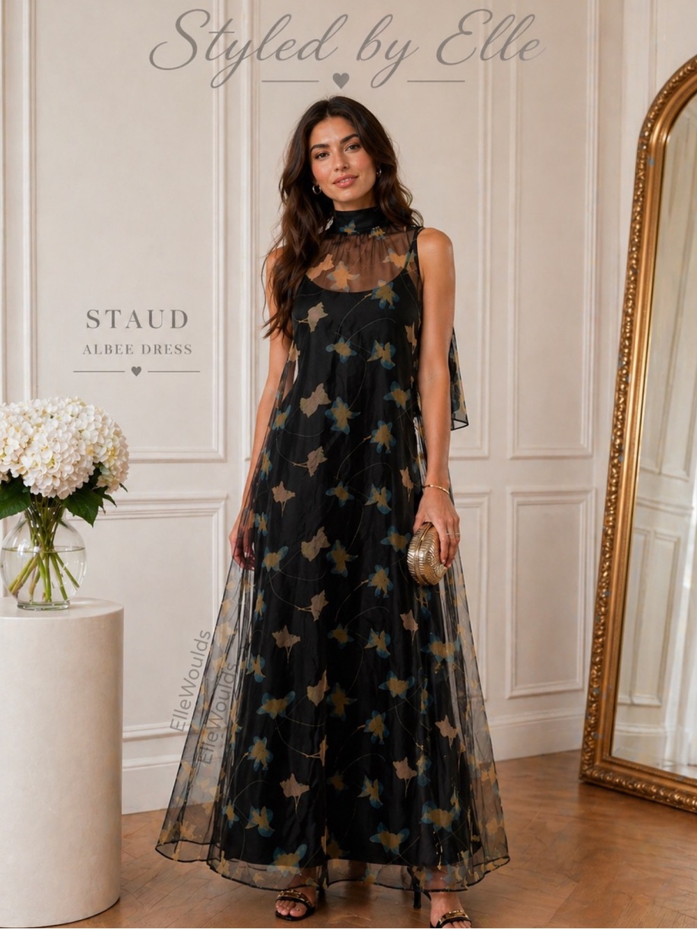 Staud Albee Dress Overlay Black Maxi Dress with High Neck US Size Small $495